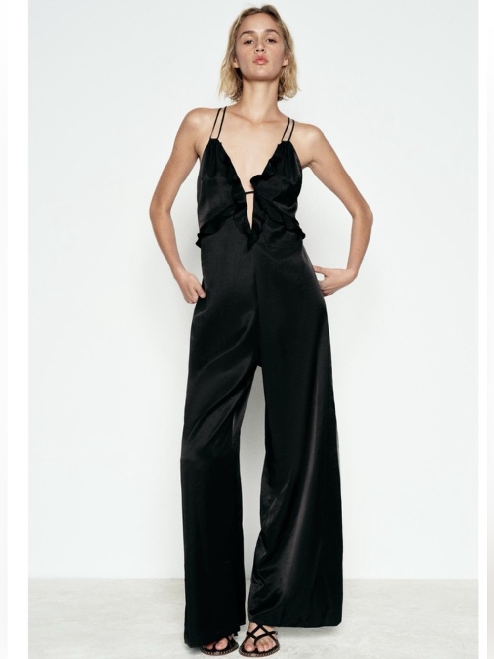 ZARA black satin ruffle front jumpsuit